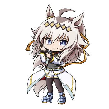 Rule 34 | 1girl, ahoge, animal ears, black pantyhose, blue eyes, brooch, chibi, closed mouth, clothing cutout, commentary request, cropped jacket, ear ornament, full body, grey hair, grey leotard, grey tail, hair between eyes, hair ornament, hair ribbon, hairband, highres, hip vent, horse ears, horse girl, horse tail, jacket, jewelry, kuena, leotard, long hair, long sleeves, looking at viewer, neckerchief, official alternate costume, oguri cap (cinderella gray) (umamusume), oguri cap (umamusume), overskirt, pantyhose, ponytail, red neckerchief, ribbon, shoes, shorts, simple background, smile, solo, star brooch, tail, umamusume, umamusume: cinderella gray, white background, white jacket, white shorts