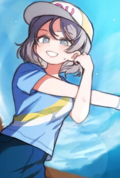 1girl alternate_costume baseball_cap blue_eyes blue_pants blue_shirt blue_sky blush brown_hair character_name cloud cloudy_sky commentary_request dot_nose english_text from_below grey_hair hat highres korean_commentary light_particles looking_at_viewer love_live! love_live!_sunshine!! official_alternate_costume outdoors pants shirt short_hair short_sleeves sky smi_kook smile solo stretching striped_clothes striped_wristband sweat sweatdrop sweatpants t-shirt training watanabe_you wavy_hair white_hat wristband yellow_hat