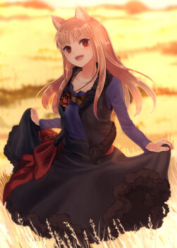 Rule 34 | 1girl, amayoshi, animal ear fluff, animal ears, black skirt, black vest, blue shirt, breasts, brown hair, clothes lift, fur-trimmed vest, fur trim, highres, holo, long hair, long sleeves, looking at viewer, open mouth, outdoors, pouch, red eyes, shirt, skirt, skirt lift, small breasts, solo, spice and wolf, teeth, upper teeth only, vest, wheat field, wolf ears, wolf girl