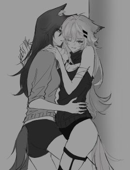 2girls animal_ears arknights bandaged_arm bandages bare_shoulders chinese_commentary commentary_request greyscale hair_ornament hairclip hand_on_another&#039;s_hip hand_on_another&#039;s_shoulder highres lappland_(arknights) long_hair lskkdskkd monochrome multiple_girls one_eye_closed panties profile sketch sleeves_pushed_up sweater tail texas_(arknights) underwear unfinished wolf_ears wolf_girl wolf_tail yuri