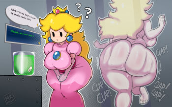 1girl ? absurdres ass ass_clapping ass_ripple blonde_hair breasts brooch completely_nude crown curvy elbow_gloves english_text gloves hands_on_own_thighs highres huge_ass invisible jewelry large_breasts mario_(series) mekaatomic mini_crown nintendo nude paper_mario paper_mario:_the_thousand-year_door potion princess_peach solo sound_effects speech_bubble thick_thighs thighs transparent wide_hips