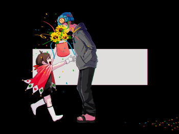 1boy 1girl ace_attorney antenna_hair apollo_justice:_ace_attorney beanie black_dress black_hair black_pants brown_hair cape child confetti dress father_and_daughter flower gloves grey_hoodie hands_in_pocket hat highres hood hoodie kaerukerokeroo magic_trick magician pants phoenix_wright pink_cape sandals simple_background sunflower trucy_wright white_footwear white_gloves