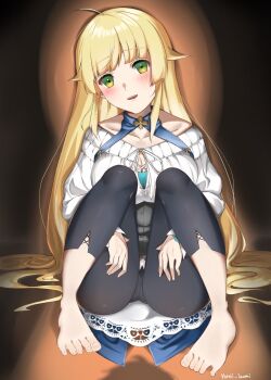 1girl ahoge aqua_shirt artist_name barefoot black_corset black_pants blonde_hair blunt_bangs blush breasts brown_background cameltoe cleavage cleavage_cutout clothing_cutout collarbone commentary_request corset feet full_body gradient_background green_eyes hair_flaps hair_flowing_over highres large_breasts long_hair long_sleeves looking_at_viewer mushoku_tensei norn_greyrat off-shoulder_sweater off_shoulder open_mouth pants shadow shirt shirt_under_sweater sitting solo sweater teeth toes upper_teeth_only very_long_hair white_sweater yoroi_no_izumi