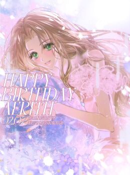 Rule 34 | 1girl, aerith gainsborough, alternate costume, bare shoulders, blue flower, blue petals, blush, brown hair, character name, copyright name, dated, dress, falling petals, final fantasy, final fantasy vii, flower, forget-me-not (flower), green eyes, happy birthday, hashtag-only commentary, highres, long hair, looking at viewer, neveromance, off-shoulder dress, off shoulder, parted bangs, parted lips, petals, pink lips, sidelocks, smile, solo, upper body, wavy hair