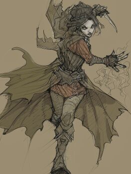 1girl absurdres black_boots black_gloves black_hair black_pants boots brown_background fingerless_gloves full_body gloves highres holding holding_knife knife looking_at_viewer pants serana short_hair simple_background solo the_elder_scrolls the_elder_scrolls_v:_skyrim tibo_lupo