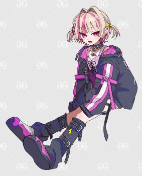 Rule 34 | 1girl, absurdres, arm belt, bat necklace, belt, black collar, black jacket, black leg warmers, blunt bangs, blush, chain, chain necklace, collar, collarbone, colored inner hair, crop top, cross-laced clothes, cross-laced top, earclip, fang, from side, full body, grey background, grey hair, hair intakes, hair ornament, hashtag-only commentary, highres, jacket, jewelry, leg belt, leg warmers, lightning bolt print, looking at viewer, loose belt, makaino ririmu, makaino ririmu (6th costume), multicolored hair, multicolored hair bobbles, necklace, nijisanji, no headwear, o-ring collar, open clothes, open jacket, open mouth, pendant, pink belt, pink hair, pink jacket, pink shoes, pink streaks, plaid clothes, pocket, pointy ears, red eyes, shoes, short hair, simano29, sitting, skin fang, sleeves past fingers, sleeves past wrists, smile, solo, spiked collar, spikes, star (symbol), star hair ornament, streaked hair, thigh strap, two-sided fabric, two-sided jacket, two-tone hair, two side up, unbuttoned, unzipped, virtual youtuber, wolf cut, zipper top