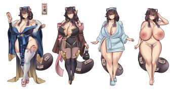 Rule 34 | 1girl, animal ear fluff, animal ears, arm up, bathrobe, black boots, black dress, black hair, black pantyhose, black sleeves, blue hairband, blue kimono, blush, boots, breasts, choker, cleavage, cleavage cutout, clothing cutout, coat, completely nude, dress, female pubic hair, flower, flower tattoo, glasses, green eyes, hair flower, hair ornament, hairband, hand in own hair, holding, holding ofuda, huge breasts, japanese clothes, kimono, lips, mole, mole on breast, multiple views, navel, nipples, noiretox, nude, off-shoulder kimono, ofuda, open clothes, open coat, open mouth, original, pantyhose, pink sandals, plump, pubic hair, pussy, raccoon girl, raccoon tail, red nails, reference sheet, revealing clothes, sandals, smile, solo, standing, tail, tanuki ears, tattoo, tattoo on shoulder, thick thighs, thigh boots, thighhighs, thighs, towel, towel on head, white background, white thighhighs, wide hips