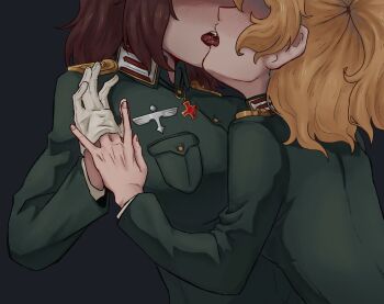 Rule 34 | 2girls, adjusting clothes, adjusting gloves, blonde hair, brown hair, commentary, english commentary, epaulettes, french kiss, gloves, green jacket, jacket, kiss, military uniform, multiple girls, open mouth, otaeriaaoba, tanya degurechaff, tongue, tongue out, viktoriya ivanovna serebryakov, white gloves, youjo senki, yuri
