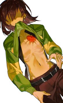 Rule 34 | 1other, absurdres, brown hair, brown pants, clothes lift, deltarune, dutch angle, green sweater, heart, highres, kris (deltarune), medium hair, mouth hold, no eyes, pants, rkdhs0916, simple background, soul (deltarune), striped clothes, striped sweater, sweater, sweater lift, utdr (toby fox), white background