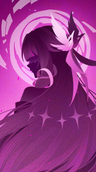 1girl absurdres chinese_commentary columbina_(genshin_impact) commentary_request earrings flat_color from_behind genius_invokation_tcg_(style) genshin_impact hair_ornament highres jewelry long_hair purple_background purple_theme solo suzhigao_youcuoma upper_body wing_hair_ornament