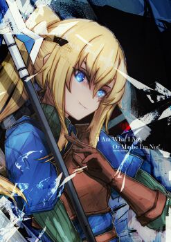 1girl absurdres blonde_hair blue_eyes character_request closed_mouth commentary commission copyright_request elbow_gloves english_commentary eyelashes gloves highres long_hair ponytail red_gloves sidelocks smile solo tfnfe_sach upper_body weapon