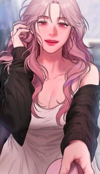 Rule 34 | 1girl, bad thinking diary, black sleeves, blush, dress, hand up, highres, long hair, long sleeves, looking at viewer, oh hyera, open mouth, pink hair, red eyes, smile, solo, very long hair, white dress