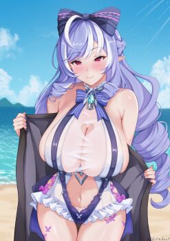 1girl absurdres ahoge alternate_breast_size_(larger) armpit_crease artist_name bare_shoulders beach black_bow black_one-piece_swimsuit blue_bow blue_bowtie blue_sky blush bow bowtie braid breasts casual_one-piece_swimsuit cleavage cleavage_cutout closed_mouth clothing_cutout cloud commentary_request cowboy_shot cross-laced_clothes cross-laced_cutout cumulonimbus_cloud day drill_hair drill_sidelocks fingernails frilled_one-piece_swimsuit frills hair_bow half_up_braid halterneck hands_up heart_cutout highres holding holding_towel horizon huge_breasts light_particles long_hair multicolored_hair nail_polish navel ocean official_alternate_costume one-piece_swimsuit outdoors pink_bow pink_ribbon pointy_ears purple_nails red_eyes ribbon see-through_clothes see-through_one-piece_swimsuit shira_hon side_cutout sidelocks sky smile solo standing stomach stomach_cutout streaked_hair striped_bow striped_bowtie striped_clothes swimsuit thigh_gap towel two-tone_one-piece_swimsuit very_long_hair vivian_banshee vivian_banshee_(iris_of_the_shore) water white_one-piece_swimsuit white_streaks zenless_zone_zero