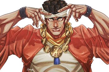 1boy black_hair bracelet brown_hair commentary_request dark-skinned_male dark_skin double_v facial_mark fingernails gold_necklace grey_headband grey_shirt headband jewelry jojo_no_kimyou_na_bouken kyouso_m male_focus mohammed_avdol necklace orange_eyes orange_robe robe shirt signature simple_background smile solo stardust_crusaders v white_background