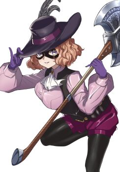 Rule 34 | 1girl, ascot, axe, bandolier, belt, black feathers, black hat, black pantyhose, blush, breasts, brown eyes, brown hair, cavalier hat, commentary request, eye mask, feathers, gloves, hat, hat feather, highres, holding, holding axe, large breasts, long sleeves, looking at viewer, mask, noir (persona 5), okumura haru, pantyhose, pantyhose under shorts, parted lips, persona, persona 5, pink shirt, purple gloves, purple shorts, s-m-53413, shirt, short hair, shorts, simple background, smile, solo, vest, white ascot, white background