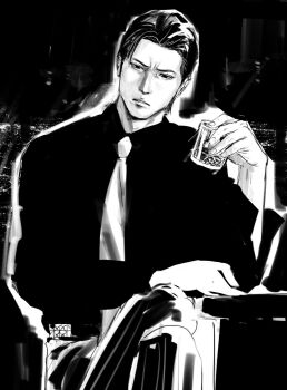 Rule 34 | 1boy, ahoge, alcohol, belt, cityscape, commentary request, crossed legs, cup, frown, hair slicked back, highres, holding, holding cup, male focus, mine yoshitaka, monochrome, necktie, no jacket, ryuu ga gotoku (series), ryuu ga gotoku 3, sitting, solo, studded belt, tyag53, whisky glass