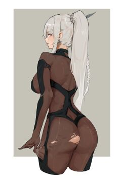 1girl absurdres alternate_skin_color ass bodystocking breasts closed_mouth commentary earrings english_commentary girls&#039;_frontline girls&#039;_frontline_2:_exilium grey_background grey_hair highres i_bucket jewelry long_hair looking_at_viewer looking_back nemesis_(girls&#039;_frontline_2) ponytail purple_eyes solo torn_bodystocking torn_clothes two-tone_background white_background