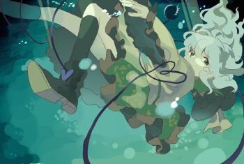 1girl air_bubble aqua_background black_boots black_hat black_socks boots bubble collar floating floating_hair floral_print floral_print_skirt foot_out_of_frame frilled_sleeves frills green_collar green_eyes green_skirt hat hat_ribbon heart_ornament heasil komeiji_koishi light_rays long_sleeves looking_to_the_side print_skirt ribbon shirt skirt socks solo third_eye touhou underwear unworn_hat unworn_headwear yellow_ribbon yellow_shirt