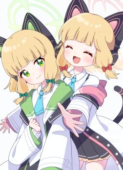 2girls absurdres animal_ear_headphones animal_ears blonde_hair blue_archive blue_necktie bow cat_ear_headphones cat_ears cat_tail commentary_request fake_animal_ears fake_tail game_development_department_(blue_archive) green_bow green_eyes green_halo halo headphones highres hug jacket midori_(blue_archive) mmmera827 momoi_(blue_archive) multiple_girls necktie pink_halo siblings sisters skirt tail twins watermark