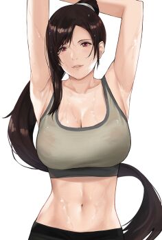 1girl alternate_costume armpits arms_up bare_shoulders breasts brown_eyes brown_hair cleavage earrings final_fantasy final_fantasy_vii final_fantasy_vii_remake high_ponytail j@ck jewelry large_breasts long_hair looking_at_viewer midriff navel parted_lips pink_lips ponytail shirt sidelocks square_enix sweat swept_bangs tank_top taut_clothes taut_shirt tifa_lockhart toned very_long_hair