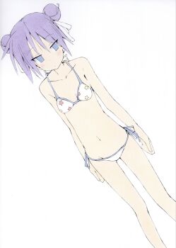 1girl bare_shoulders bikini blue_eyes blush breasts collarbone double_bun hair_bun halterneck highres hiiragi_kagami looking_at_viewer lucky_star navel painting_(medium) purple_hair shiki_59 short_hair skinny small_breasts solo standing swimsuit traditional_media watercolor_(medium) white_bikini