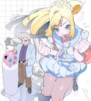 1boy 1girl :d bare_legs belt black_shoes blonde_hair blue_eyes brown_pants clenched_hands closed_eyes coat floating_hair gen_1_pokemon green_hair grey_hair grid_background hand_up hands_up highres himuro_yukichiko index_finger_raised jigglypuff jumping lab_coat legs_apart light_blush lillie_(pokemon) long_coat medium_skirt nintendo open_clothes open_coat open_mouth pants pleated_skirt poke_ball pokemon pokemon_(creature) pokemon_rgby pokemon_sm professor_oak shirt shoes short_hair short_sleeves skirt smile sparkle standing thick_eyebrows translation_request white_background white_coat white_shirt white_shoes white_skirt