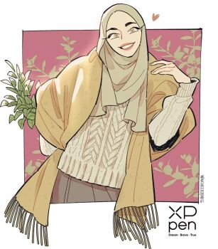 Rule 34 | 1girl, artist name, brown cardigan, brown hijab, cardigan, grin, heart, hijab, looking at viewer, open cardigan, open clothes, original, smile, solo, sweater, white sweater, winchestermegg