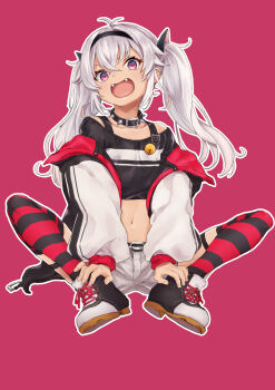 Rule 34 | 1girl, absurdres, black collar, black headband, black jacket, black shirt, black shoes, black thighhighs, collar, commentary request, dark-skinned female, dark skin, fangs, g9 (jiiku), grey hair, headband, highres, jacket, looking at viewer, matsukai mao, matsukai mao (1st costume), multicolored jacket, nijisanji, open mouth, outline, pink background, red eyes, red thighhighs, shirt, shoes, shorts, smile, solo, spiked collar, spikes, striped clothes, striped thighhighs, thighhighs, two-tone jacket, virtual youtuber, white jacket, white outline, white shorts