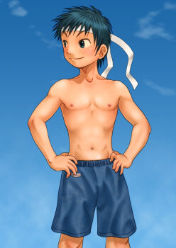 1boy blue_sky hada_toshiya hand_on_own_hip highres looking_to_the_side male_focus nipples original short_hair shorts sky solo toned toned_male topless_male