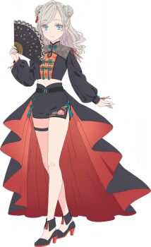 1girl black_shirt black_shoes black_shorts black_skirt blue_eyes braid bun_with_braided_base ceras_yanagida_lilienfeld chinese_clothes colored_shoe_soles double_bun flower flower_knot folding_fan full_body game_cg grey_hair hair_bun hair_flower hair_ornament hand_fan hasu_no_sora_pop_up_shop_china_collection high_heels holding holding_fan link!_like!_love_live! long_sleeves looking_at_viewer love_live! midriff non-web_source official_alternate_costume official_art puffy_long_sleeves puffy_sleeves red_skirt shirt shoes shorts showgirl_skirt side_slit side_slit_shorts simple_background skirt solo standing tassel tassel_hair_ornament thigh_strap transparent_background two-sided_fabric two-sided_skirt virtual_youtuber white_flower