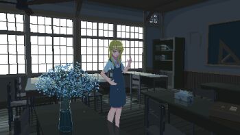 1girl air_conditioner animated animated_gif bag blinking blonde_hair blue_dress bookshelf ceiling_fan chair dress floor flower hand_on_own_hip indoors kuuchuu_roukaku light_particles looping_animation original pinafore_dress pixel_art reflective_table short_sleeves sleeveless sleeveless_dress solo table tissue_box vase waving window wooden_floor
