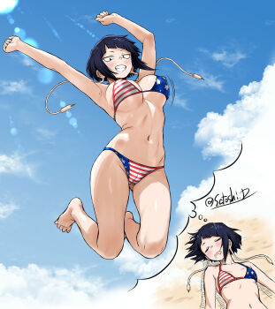Rule 34 | 1girl, alternate breast size (larger), american flag, american flag bikini, american flag print, armpits, artist name, audio jack, barefoot, beach, bikini, black hair, blunt bangs, boku no hero academia, breast envy, breasts, cloud, cloudy sky, dreaming, drooling, flag print, flag print bikini, highres, jiro kyoka, jumping, large breasts, long earlobes, lying, navel, on back, open mouth, print bikini, print swimsuit, satoshi donald, short hair, sky, sleeping, small breasts, solo, speech bubble, swimsuit, thighs, thought bubble, zzz