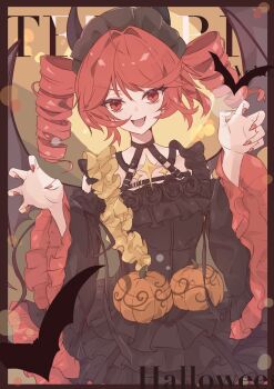 1girl :d bat_(animal) black_dress breasts dress drill_hair english_text fang hands_up hashtag-only_commentary highres kasane_teto looking_at_viewer nail_polish open_mouth pumpkin ramie_li red_eyes red_hair red_nails small_breasts smile solo twin_drills twintails utau
