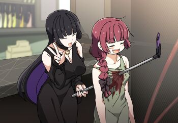 Rule 34 | 2girls, absurdres, barbell piercing, black choker, black dress, black hair, blood, blunt bangs, blush, bocchi the rock!, bow, braid, breasts, cellphone, chin piercing, choker, clothing cutout, colored inner hair, detached sleeves, dress, ear piercing, earclip, face piercing, fang, goth fashion, goumonsha, green dress, hair bow, hair ornament, hair over shoulder, highres, hime cut, hiroi kikuri, holding, indoors, industrial piercing, labret piercing, large breasts, long hair, long sleeves, major injury underreaction, mouth piercing, multicolored hair, multiple girls, open mouth, pa-san, phone, piercing, purple hair, red hair, selfie, selfie stick, shoulder cutout, single braid, sleeves past wrists, small breasts, smartphone, smile, standing, strapless, strapless dress, taking picture, two-tone hair, v