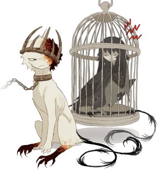 :< annoyed bird bird_legs birdcage black_tail brown_collar cage collar commentary creature creature_focus crown ember_(jejejunum) english_commentary frown grey_feathers highres jejejunum looking_at_another metal_collar multicolored_hair nethermare original ribs rust simple_background sitting split-color_hair traditional_harpy unamused white_background wither_(jejejunum)