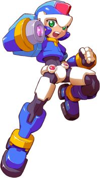 1boy absurdres archived_source arm_cannon armor black_bodysuit blue_armor blue_boots blue_helmet bodysuit boots clenched_hand crotch_plate energy_gun forehead_jewel green_eyes helmet highres mega_man_(series) mega_man_zx model_x_(mega_man) official_art open_mouth power_armor powering_up simple_background solo teeth upper_teeth_only vent_(mega_man) weapon white_background yabe_makoto