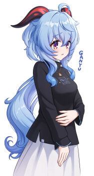 1girl ahoge black_shirt blue_hair breasts character_name commentary_request ganyu_(genshin_impact) genshin_impact goat_horns gradient_eyes hair_between_eyes highres horns jewelry long_hair long_sleeves looking_to_the_side medium_breasts multicolored_eyes necklace open_mouth purple_eyes shirt skirt solo turtleneck upper_body watayoshi_(suiiho) white_background white_skirt