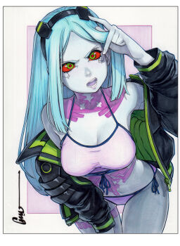 1girl alternate_breast_size_(larger) angry aqua_hair artist_name bad_id bad_twitter_id bare_shoulders bikini bikini_under_clothes black_jacket blue_trim border breasts cleavage colored_sclera colored_skin cowboy_shot cyberpunk:_edgerunners cyberpunk_(series) green_eyes green_jacket hand_on_own_face jacket large_breasts leaning_forward lips long_hair looking_at_viewer marker_(medium) mechanical_eyes multicolored_jacket navel neck_tattoo omar_dogan open_clothes open_jacket open_mouth pink_bikini pink_tattoo playing_with_own_hair purple_background purple_lips rebecca_(cyberpunk) red_pupils red_sclera scan signature skin_seams solo stomach_tattoo swimsuit tattoo teeth traditional_media twintails two-tone_background two-tone_jacket v v-shaped_eyebrows white_background white_bikini white_border white_skin