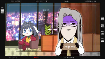 1boy 1girl absurdres batman_(series) black_eyes black_gloves black_vest blue_eyes blue_hair brown_shoes building camera_view chain chain_headband chair chibi city clown cosplay crossed_legs dc_comics desk english_text fangs fern formal_clothes gloom_(expression) gloves glowing grey_hair hair_intakes highres holding holding_sign hololive hololive_english holostars holostars_english jitome joker_(2019) joker_(dc)_(cosplay) long_hair long_sleeves looking_at_another makeup medium_hair minchi_(anda) nervous_sweating night night_sky noir_vesper noir_vesper_(old_design) on_chair ouro_kronii plant pointy_ears recording red_suit shirt shoes sign sitting sky skyscraper suit sweat the_joker vampire veil vest viewfinder virtual_youtuber white_shirt white_veil window wooden_desk yellow_vest