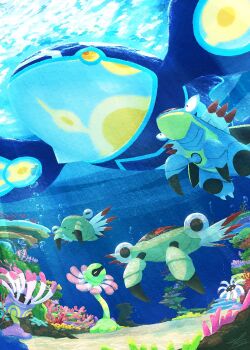 air_bubble anomalocaris anorith armaldo blue_skin bubble closed_eyes colored_skin coral cradily ewokakukaede feathers gen_3_pokemon green_skin highres kyogre legendary_pokemon light_rays light_reflection_(water) lileep multicolored_feathers nintendo no_humans pokemon pokemon_(creature) pokemon_focus primal_kyogre purple_skin red_feathers see-through_body solid_circle_eyes swimming underwater white_feathers yellow_eyes