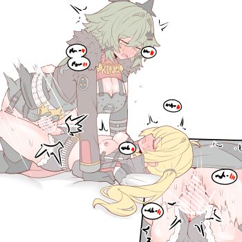 absurdres anus ass bar_censor bed black_gloves black_shorts blonde_hair blood_from_vagina blush breasts caesar_king_(zenless_zone_zero) censored cleavage clothed_sex clothes_lift crop_top defloration erection futa_with_female futanari gloves green_hair hair_between_eyes hair_ornament highres horns jacket large_breasts long_hair looking_at_another luciana_de_montefio lying missionary multiple_girls navel nipples on_back on_bed open_mouth penis physisyoon pussy sex shirt_lift shorts side_ponytail simple_background small_breasts spread_legs testicles thighhighs vaginal virgin yellow_eyes zenless_zone_zero zipper
