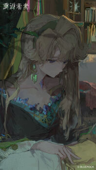 1girl absurdres beryl_bouanich black_cloak blonde_hair blue_eyes bookshelf branch cloak closed_mouth collarbone copyright_name copyright_notice crescent crescent_earrings earrings floating_earrings highres indoors jewelry logo long_hair looking_down official_art official_wallpaper reverse:1999 solo upper_body