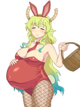 1girl animal_ears basket belly_rub blonde_hair breasts closed_eyes cowboy_shot dragon_horns fake_animal_ears fishnets granary highres holding holding_basket horns kobayashi-san_chi_no_maidragon large_breasts leotard lucoa_(maidragon) multicolored_hair pregnant rabbit_ears red_leotard smile solo