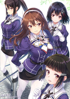 4girls ashigara_(kancolle) ashigara_kai_ni_(kancolle) black_hair black_skirt blunt_bangs boots braid braided_bun breasts brown_eyes brown_hair collared_shirt commentary_request dress_shirt full_body gloves grey_boots haguro_(kancolle) haguro_kai_ni_(kancolle) hair_between_eyes hair_bun hair_ornament hairband hairclip ishihara_masumi jacket kantai_collection long_hair long_sleeves looking_at_viewer medium_breasts military_uniform multiple_girls myoukou_(kancolle) myoukou_kai_ni_(kancolle) nachi_(kancolle) nachi_kai_ni_(kancolle) open_mouth pantyhose pencil_skirt profile purple_jacket sailor_collar shirt shoes short_hair simple_background skirt smile solo thick_eyebrows twitter_username upper_body very_long_hair wavy_hair white_background white_gloves white_pantyhose white_sailor_collar white_shirt
