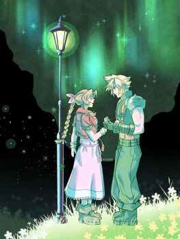 1boy 1girl aerith_gainsborough armor aurora bangle belt black_boots blonde_hair boots bracelet braid braided_ponytail breasts brown_belt brown_boots brown_hair cloud_strife cropped_jacket dress emi-bianchi field final_fantasy final_fantasy_vii final_fantasy_vii_remake flower flower_field full_body gloves grass hair_ribbon hetero highres holding_hands jacket jewelry lamppost long_dress long_hair looking_at_another medium_breasts multiple_belts night parted_bangs parted_lips pauldrons pink_dress pink_ribbon red_jacket ribbon short_hair short_sleeves shoulder_armor sidelocks single_bare_shoulder single_braid single_pauldron sky spiked_hair star_(sky) starry_sky suspenders twitter_username yellow_flower