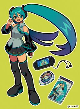 1girl aqua_eyes aqua_hair aqua_nails aqua_necktie black_boots black_skirt boots cd_case collared_shirt detached_sleeves earphones floating_hair game_console green_background grey_shirt hair_ornament handheld_game_console hatsune_miku headphones highres izane23 long_hair miku_day miniskirt necktie playstation_portable pleated_skirt project_diva_(series) project_diva_extend shirt shoulder_tattoo skirt tattoo thigh_boots twintails twitter_username very_long_hair vocaloid