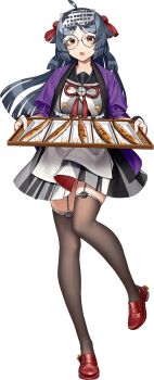 1girl akasaka_yuzu apron black_hair black_thighhighs breasts brown_eyes dress fish full_body glasses happi headgear heian_maru_(kancolle) heian_maru_(saury_festival)_(kancolle) holding holding_tray jacket japanese_clothes kantai_collection long_hair looking_at_viewer official_alternate_costume official_art open_mouth purple_happi purple_jacket red_shoes round_eyewear saury shoes solo thighhighs transparent_background tray white_apron