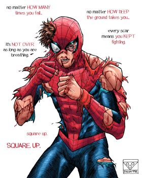 1boy absurdres animal_print artist_name blood blood_from_mouth blood_on_hands bodysuit brown_eyes brown_hair bruise bruised_eye clenched_hand cowboy_shot english_text fighting_stance highres injury marvel nosebleed open_mouth peter_parker pizza990 solo spider-man spider-man_(series) spider_print spider_web_print superhero_costume torn_bodysuit torn_clothes torn_mask