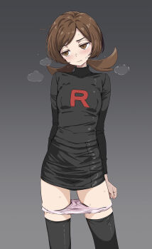 1girl black_shirt black_skirt black_thighhighs blush breasts brown_eyes brown_hair closed_mouth commentary_request gradient_background grey_background highres looking_to_the_side lyra_(pokemon) nintendo panties panty_pull pencil_skirt pink_panties pokemon pokemon_heartgold_and_soulsilver shirt skirt small_breasts solo steam sweat team_rocket team_rocket_uniform thighhighs tsukishiro_saika twintails underwear