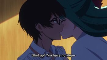 1boy 1girl animated anime_screenshot ass black_skirt blush brown_eyes brown_hair capelet close-up couch crotch_rub french_kiss glasses gloves green_eyes green_hair hair_over_eyes hair_ribbon hand_on_another&#039;s_cheek hand_on_another&#039;s_face highres kiss long_hair microskirt nukigee_mitai_na_shima_ni_sunderu_watashi_wa_dou_surya_ii_desu_ka? open_mouth panties pants red_ribbon reizeiin_touka ribbon saliva saliva_trail shirt sidelocks skirt smile sound subtitled tachibana_junnosuke tagme thighs tongue tongue_out underwear video white_capelet white_gloves white_panties white_shirt